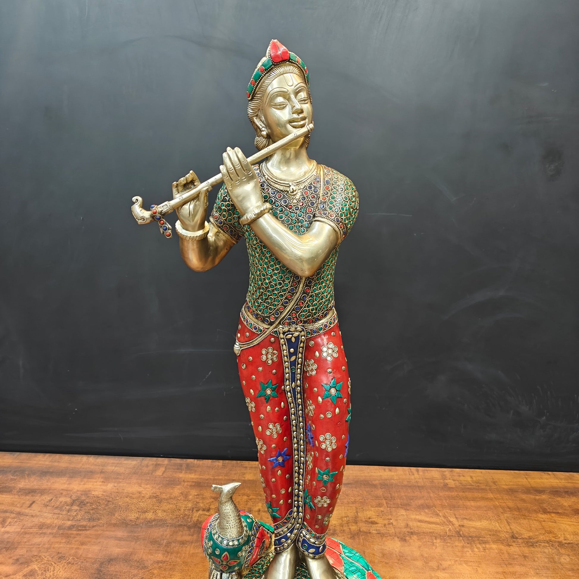 Brass Antique Krishna Statue with Flute (Peacock Stone Inlay) 29.5" - Image 6