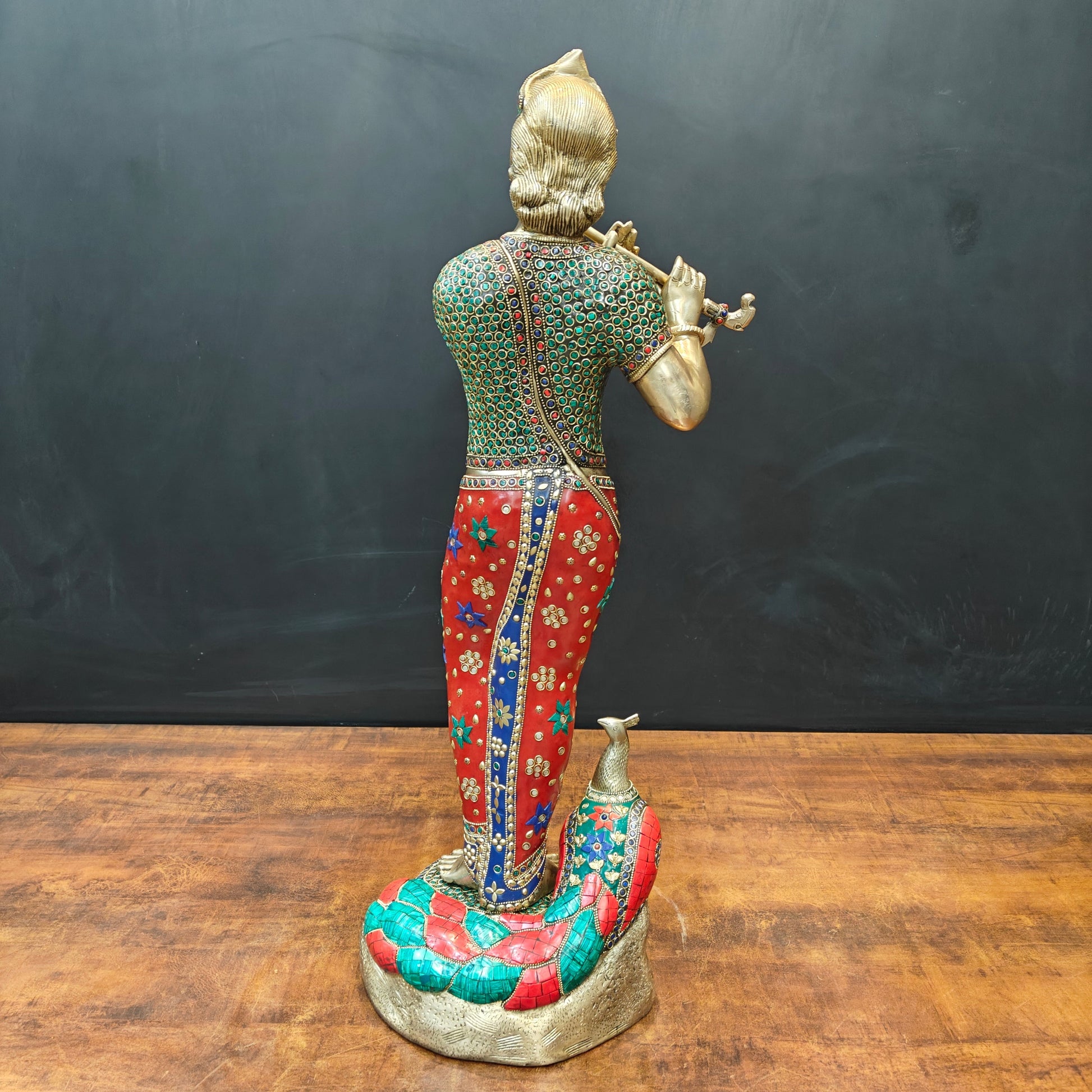 Brass Antique Krishna Statue with Flute (Peacock Stone Inlay) 29.5" - Image 7
