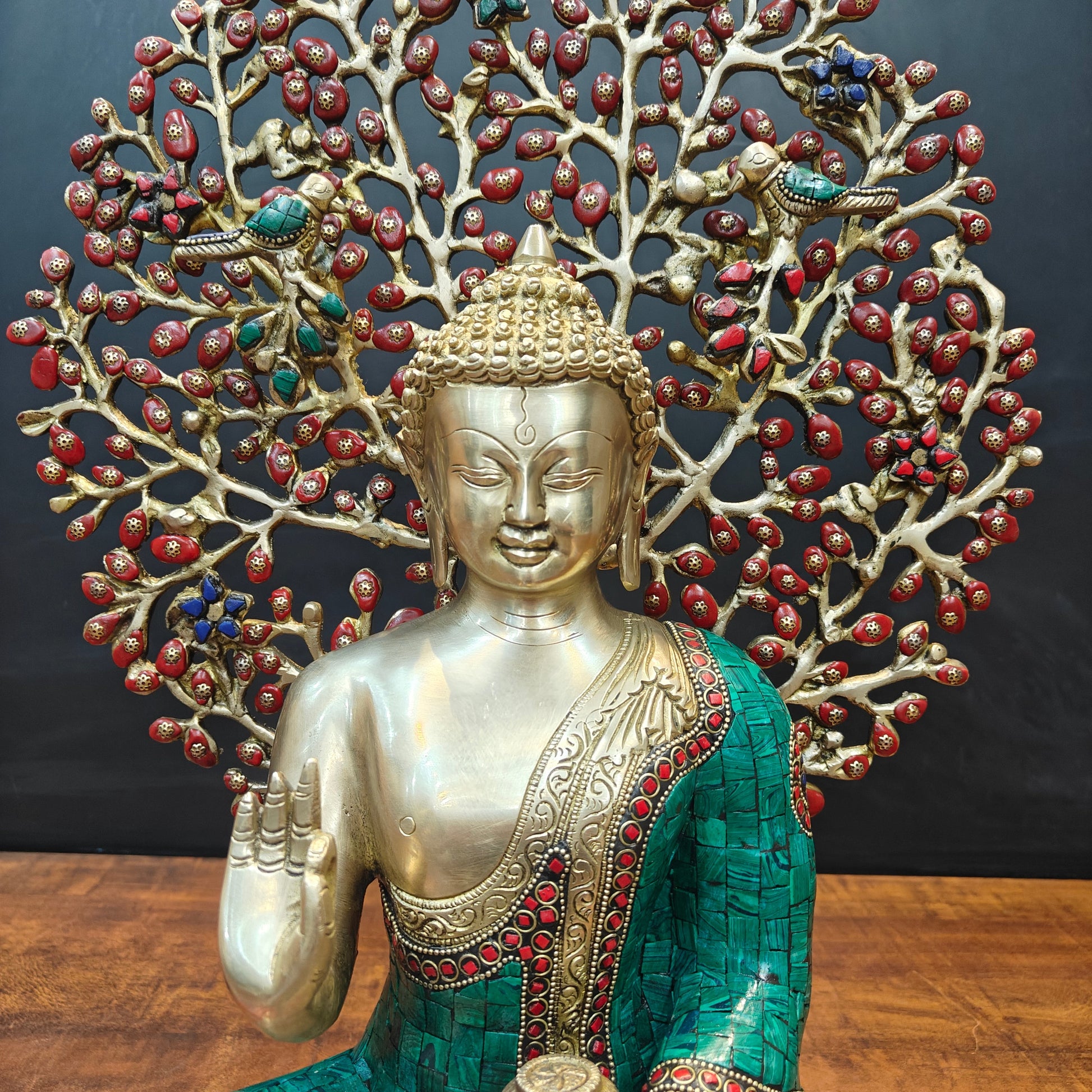 Brass Buddha Statue With Bodhi Tree Stone Work 22 Inch - Image 2