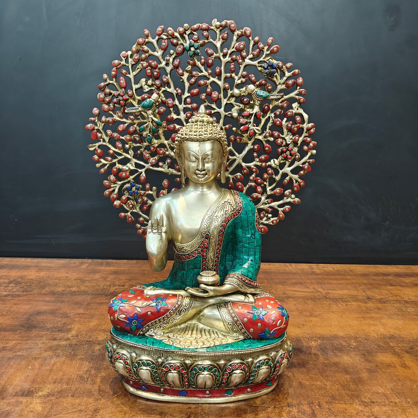 Brass Buddha Statue With Bodhi Tree Stone Work 22 Inch