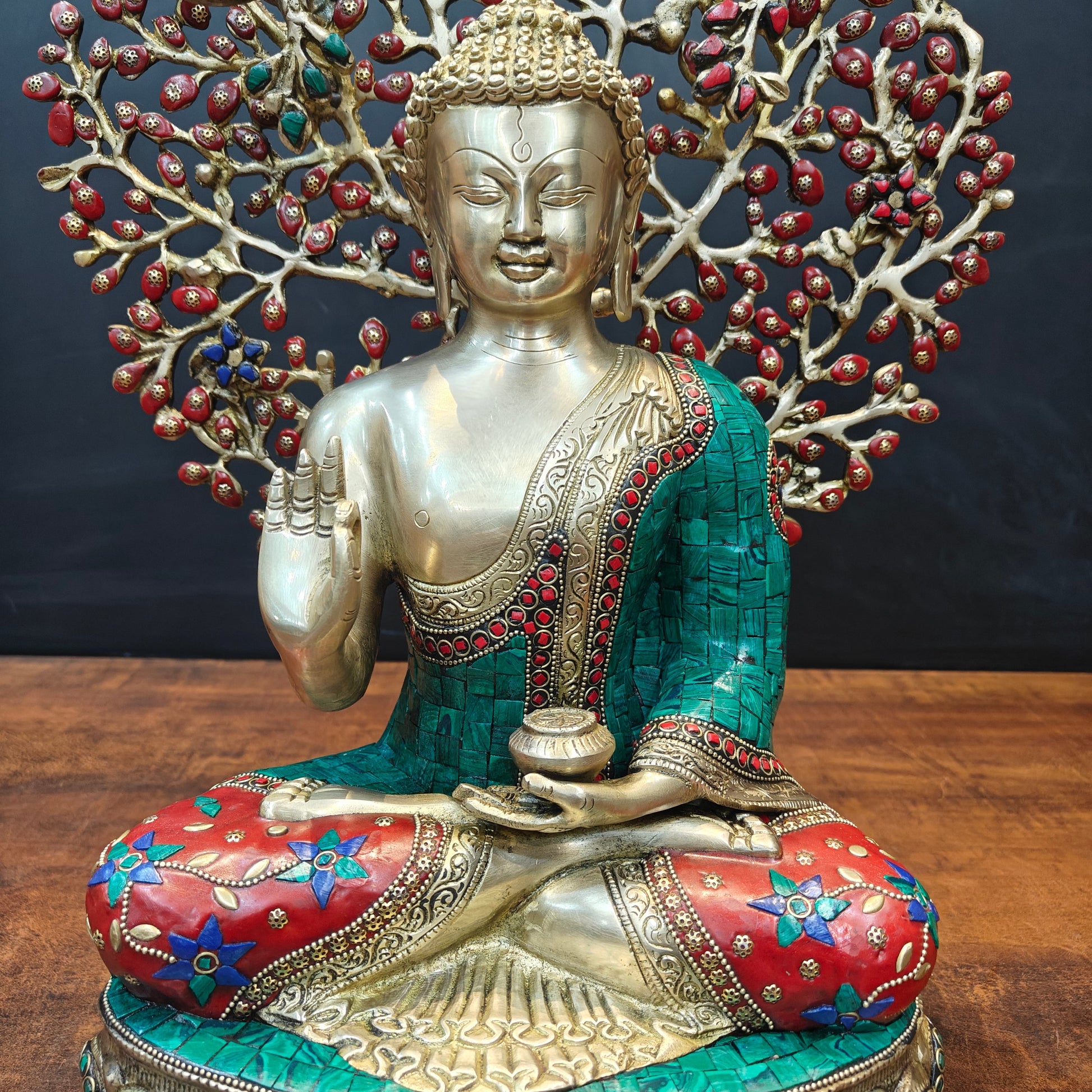 Brass Buddha Statue With Bodhi Tree Stone Work 22 Inch - Image 4