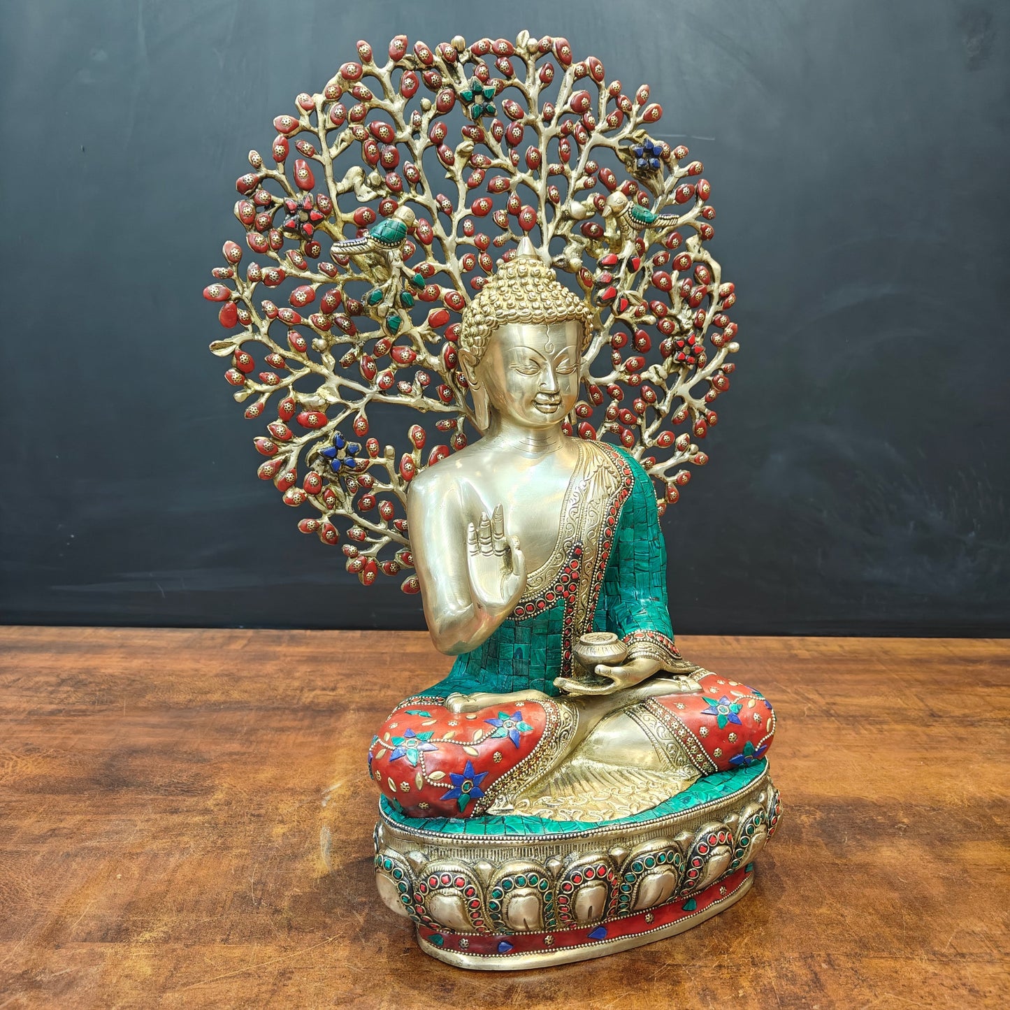 Brass Buddha Statue With Bodhi Tree Stone Work 22 Inch