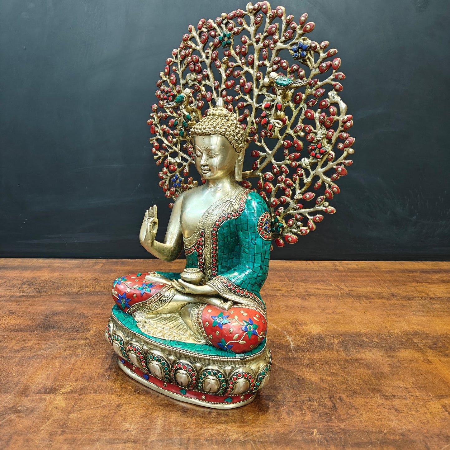 Brass Buddha Statue With Bodhi Tree Stone Work 22 Inch
