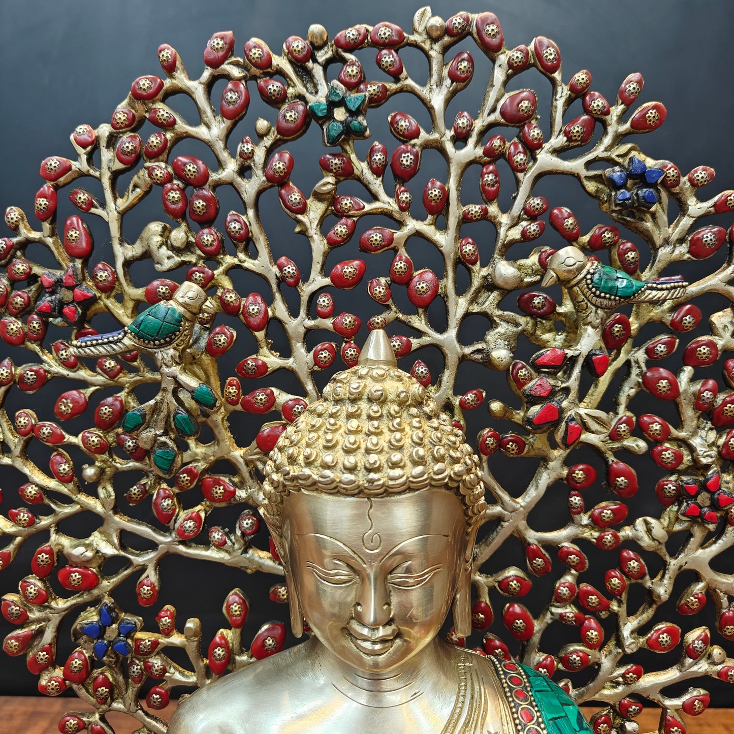 Brass Buddha Statue With Bodhi Tree Stone Work 22 Inch