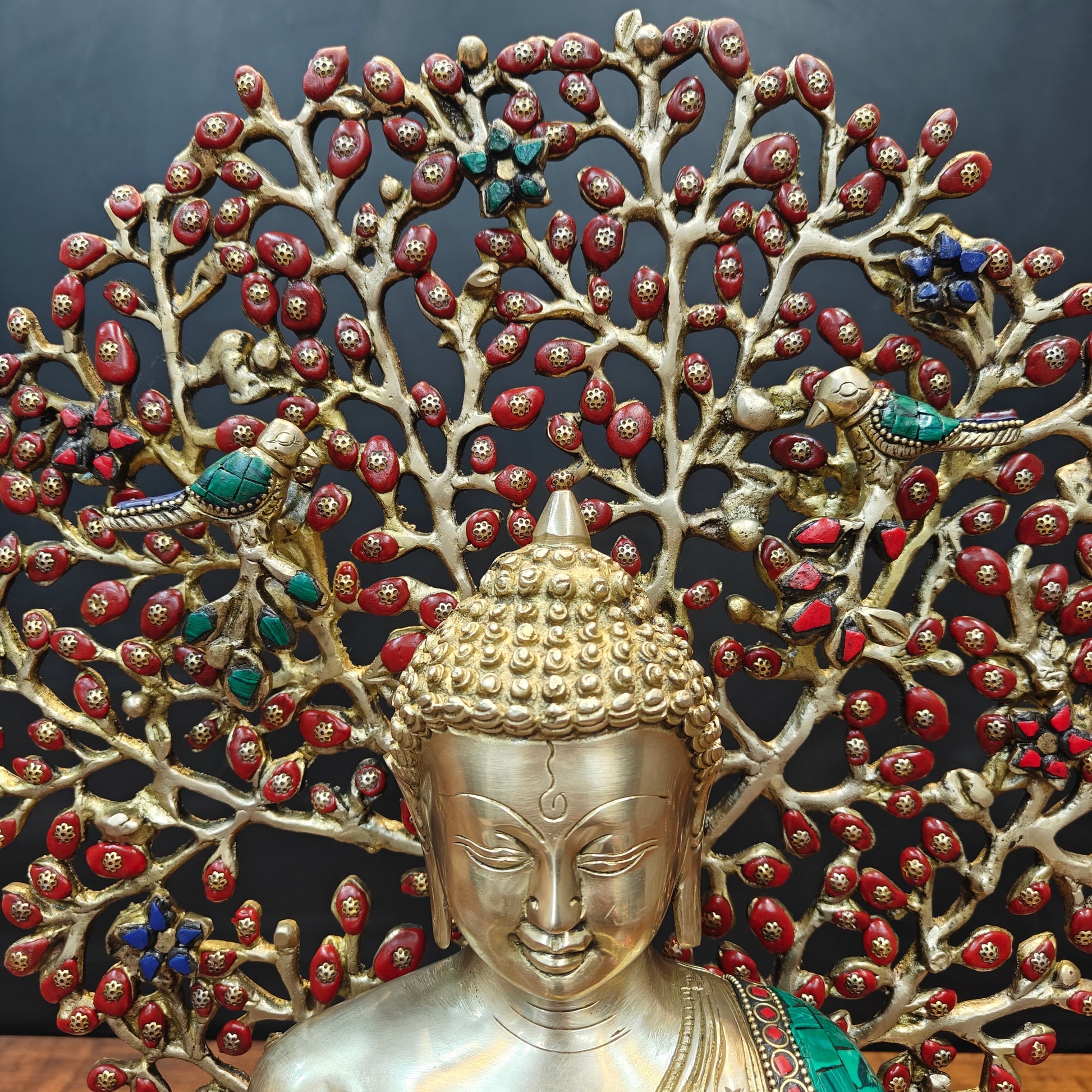 Brass Buddha Statue With Bodhi Tree Stone Work 22 Inch - Image 7