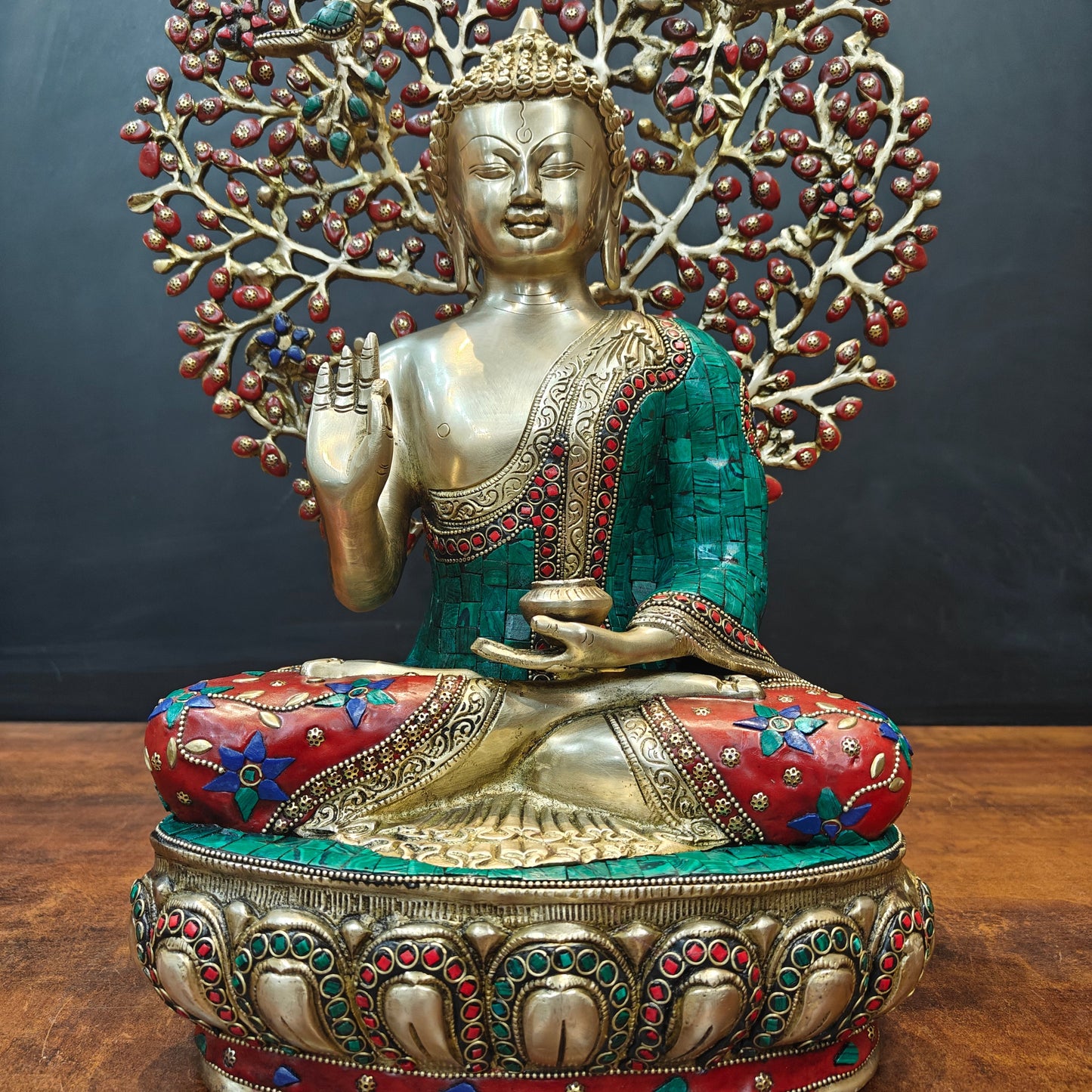 Brass Buddha Statue With Bodhi Tree Stone Work 22 Inch