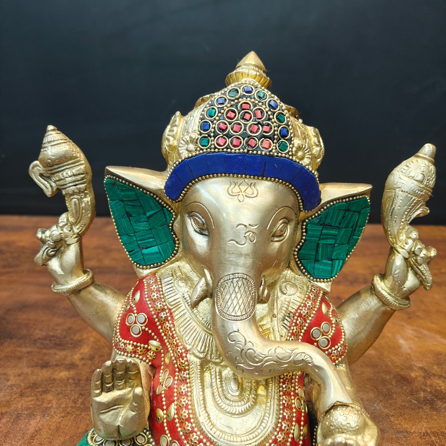 Brass Ganesha Idol With Stone Work For Home Decor 9 Inch