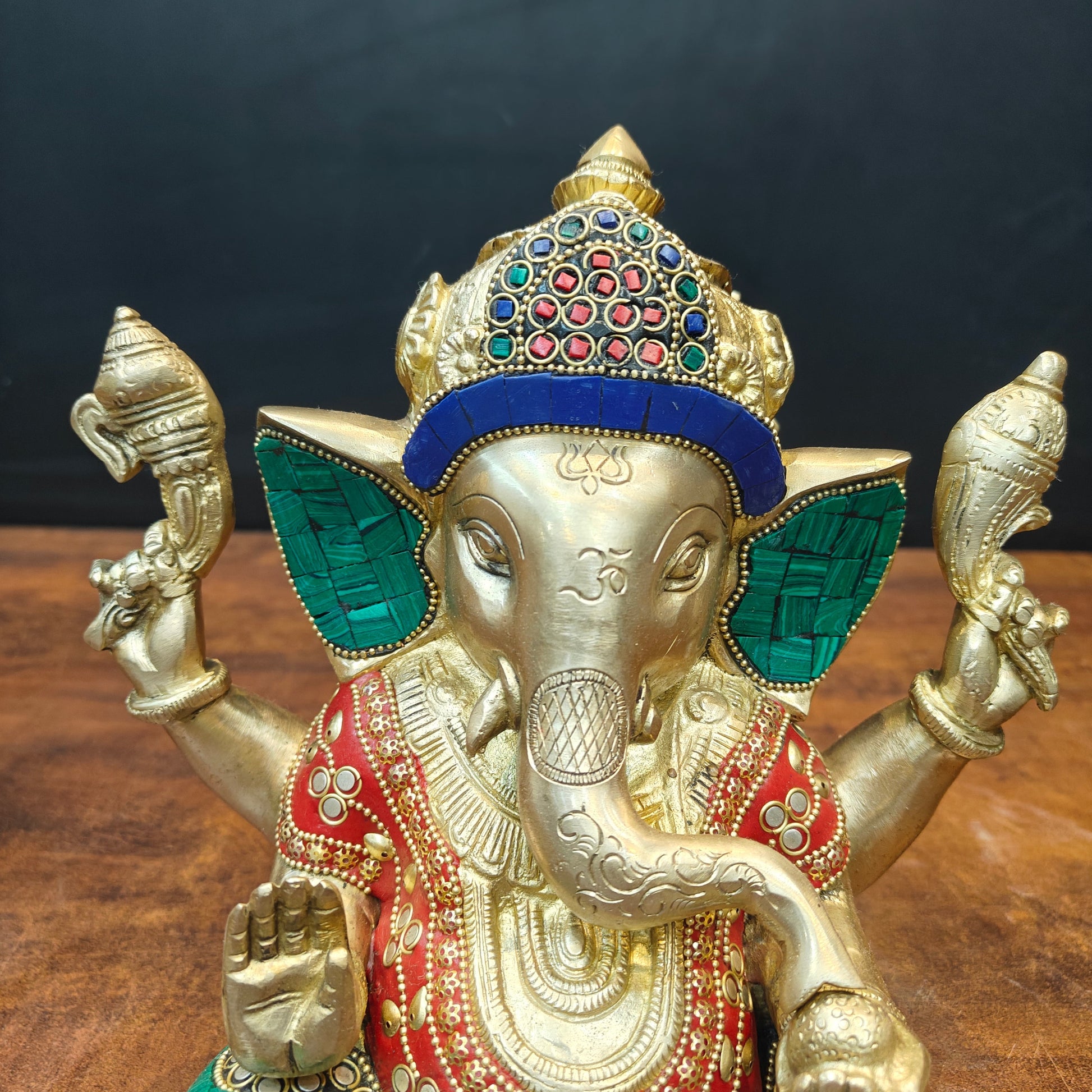 Brass Ganesha Idol With Stone Work For Home Decor 9 Inch - Image 2
