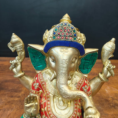 Brass Ganesha Idol With Stone Work For Home Decor 9 Inch by vendor-unknown - Hindu Gods (View 2)