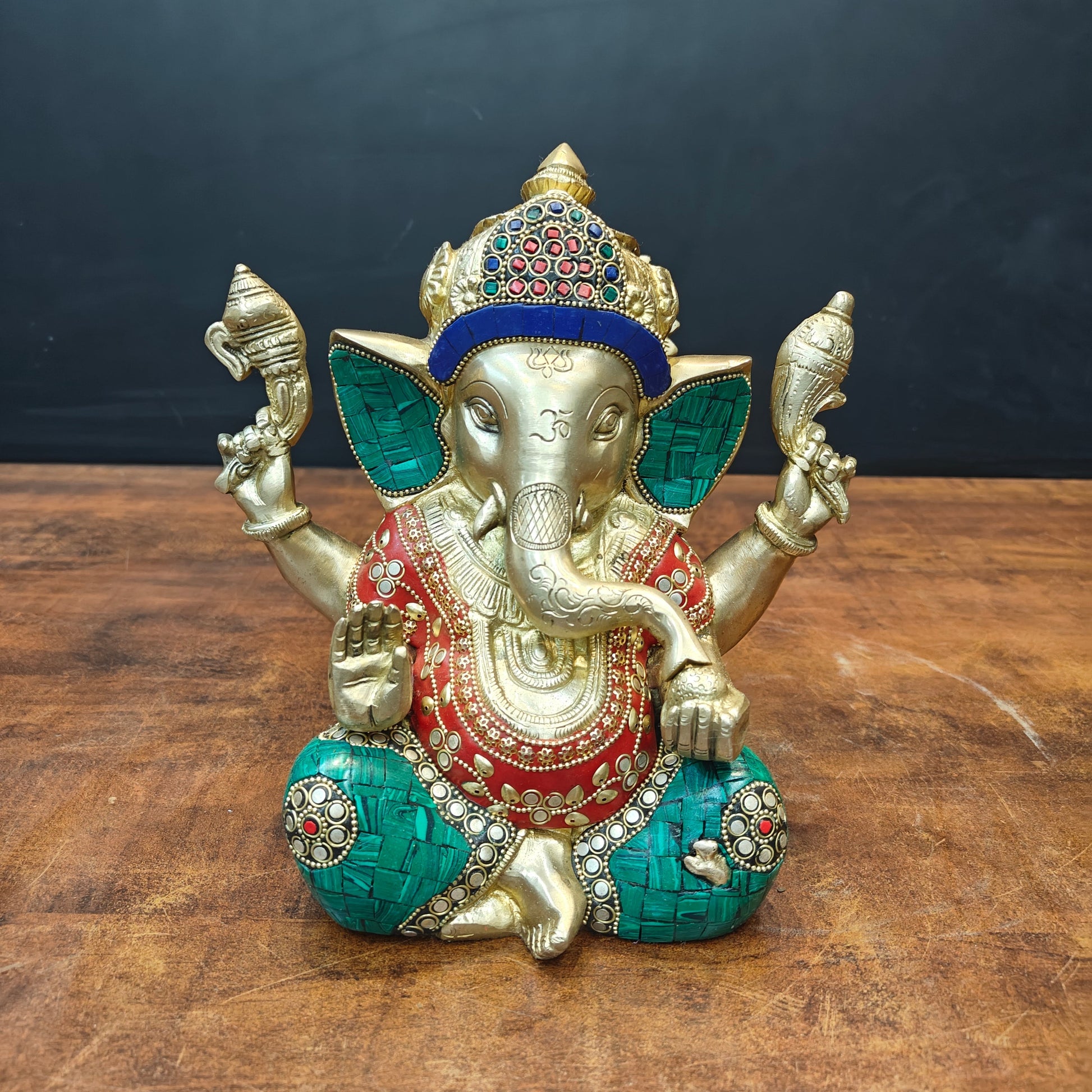 Brass Ganesha Idol With Stone Work For Home Decor 9 Inch - Image 3