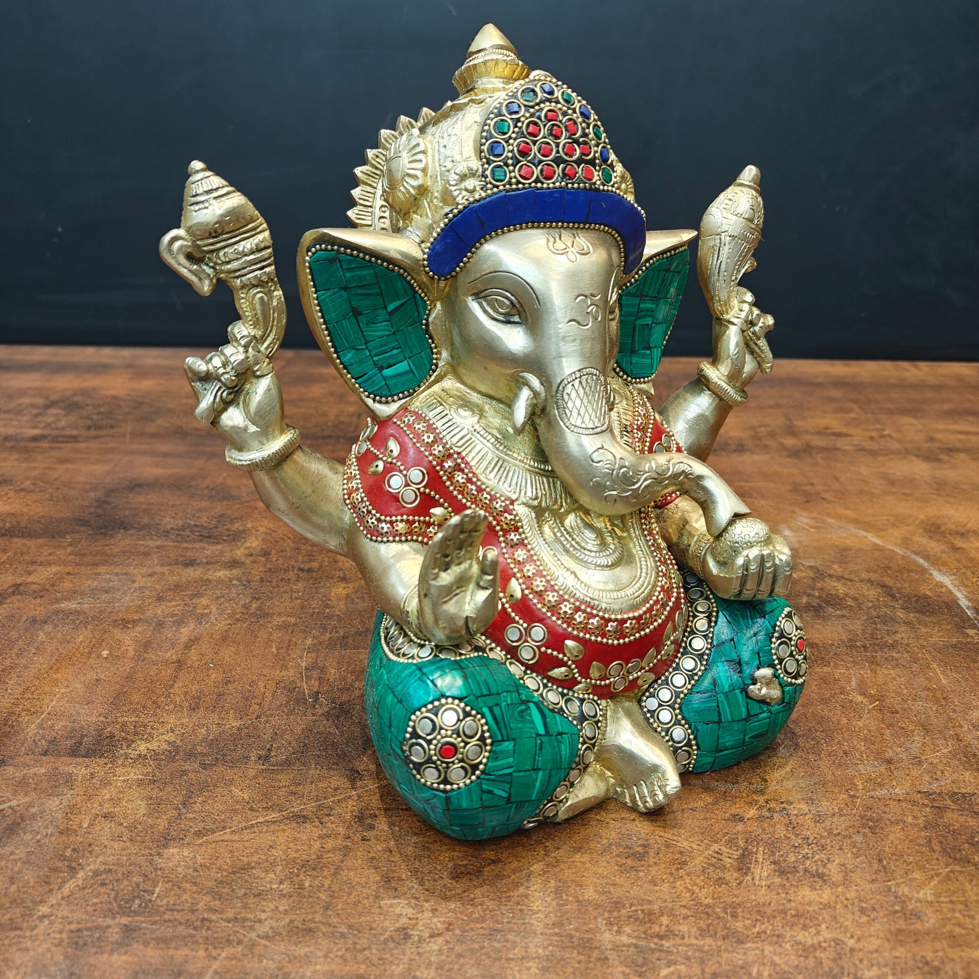 Brass Ganesha Idol With Stone Work For Home Decor 9 Inch - Image 4