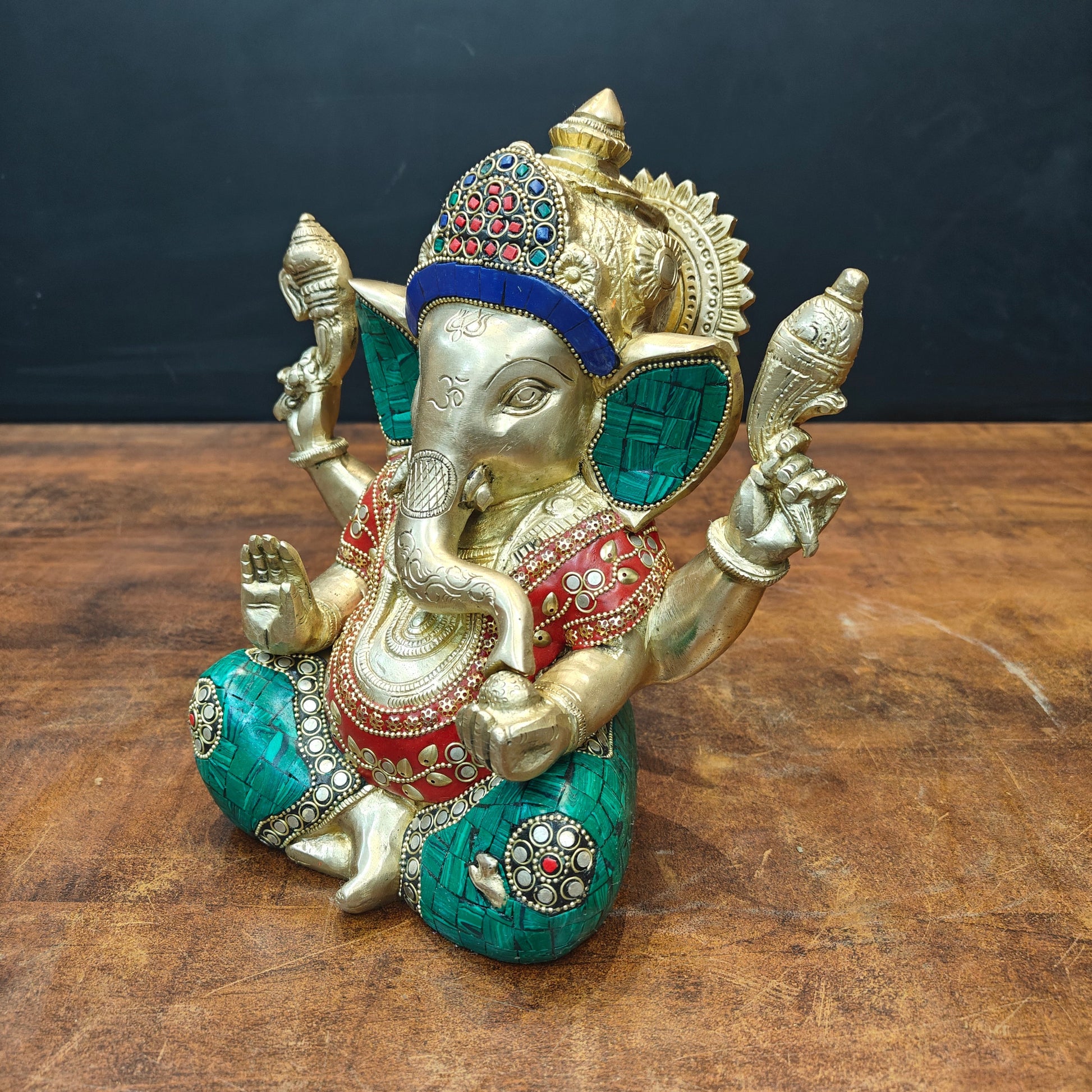 Brass Ganesha Idol With Stone Work For Home Decor 9 Inch - Image 5