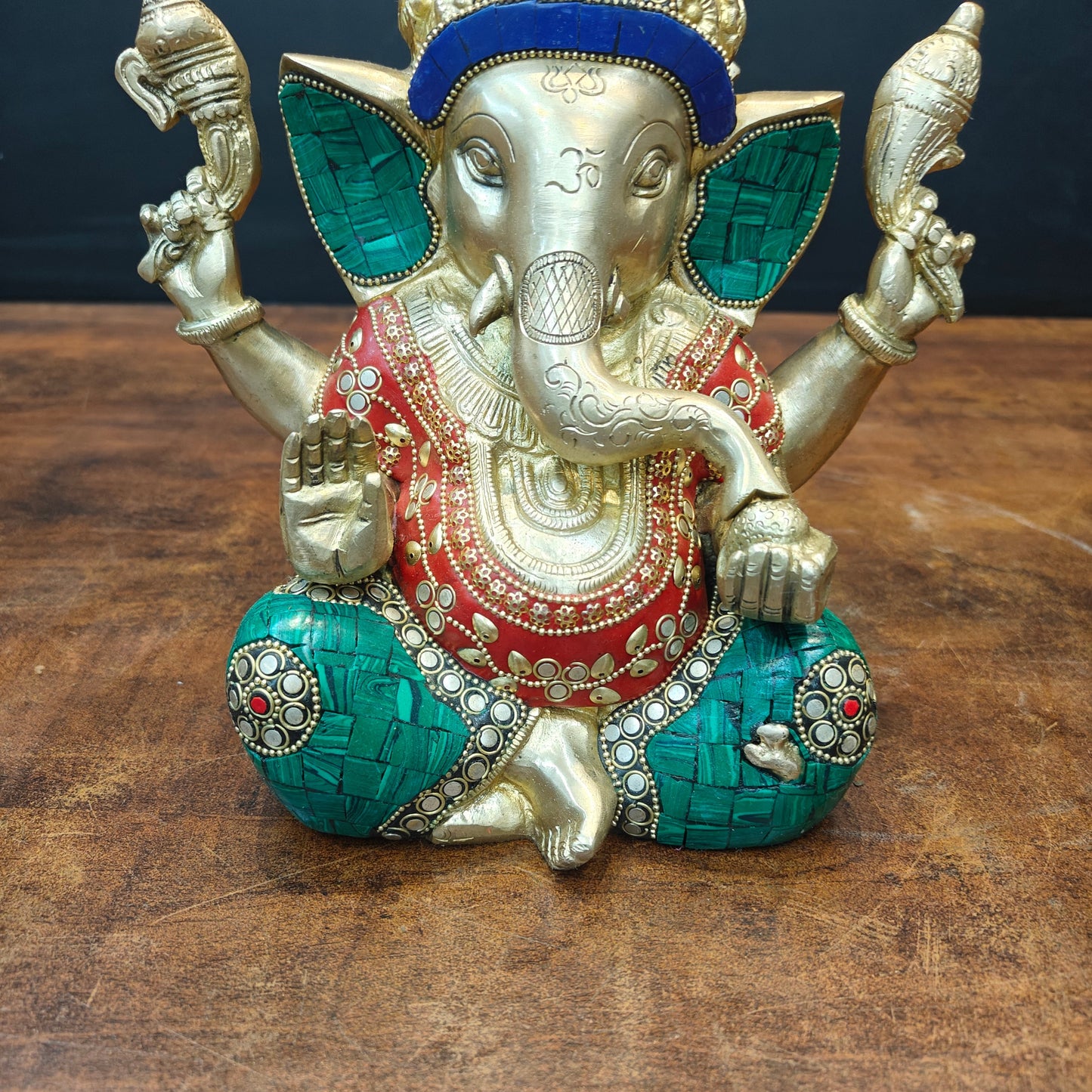 Brass Ganesha Idol With Stone Work For Home Decor 9 Inch