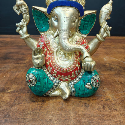 Brass Ganesha Idol With Stone Work For Home Decor 9 Inch by vendor-unknown - Hindu Gods (View 6)