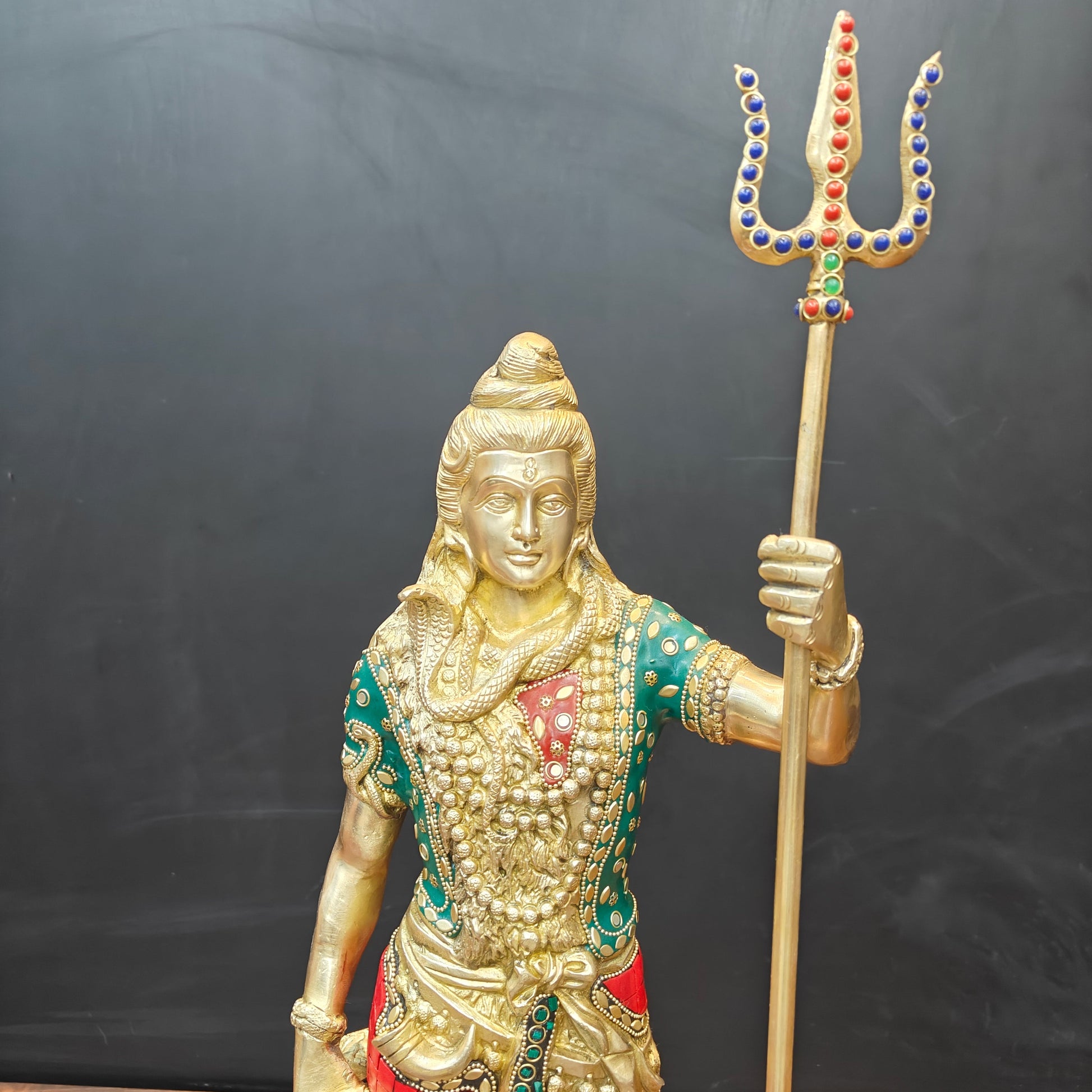 Brass Standing Lord Shiva Statue With Stone Work 2 Feet - Image 2