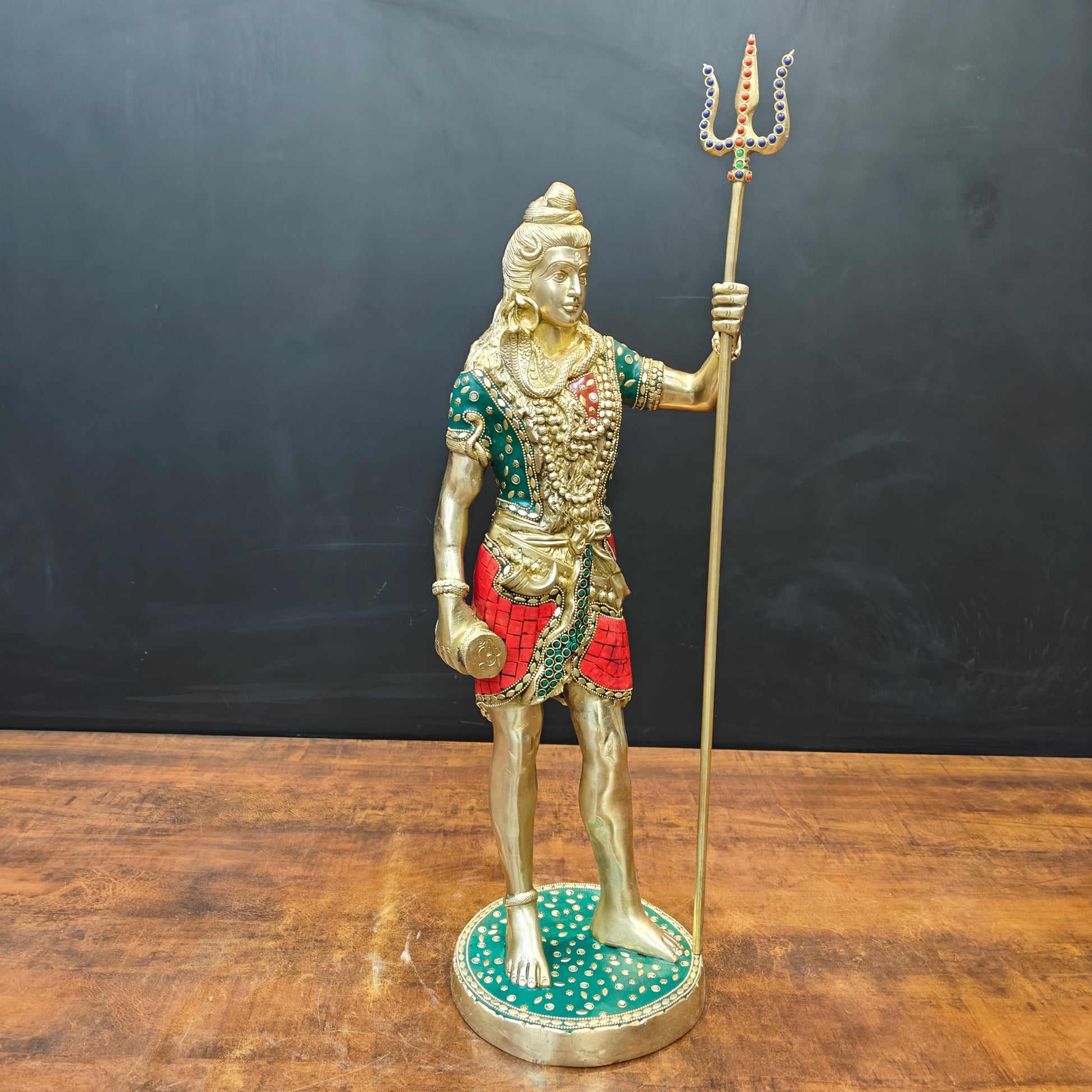 Brass Standing Lord Shiva Statue With Stone Work 2 Feet - Image 4