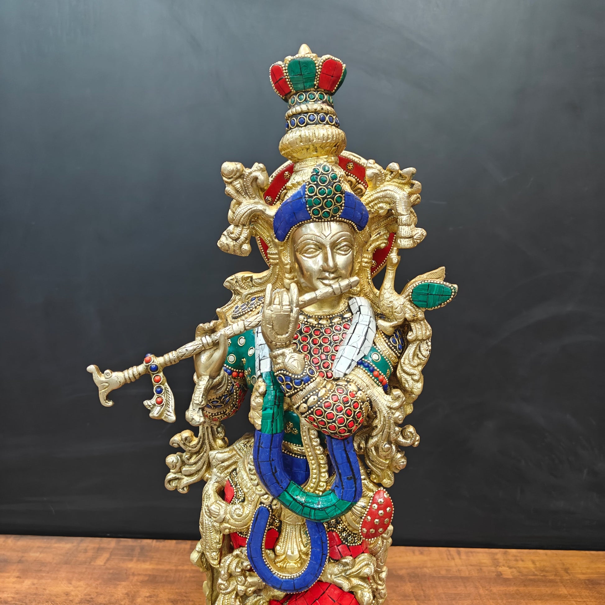Brass Krishna Idol With Stone Work 2 Feet - Image 2
