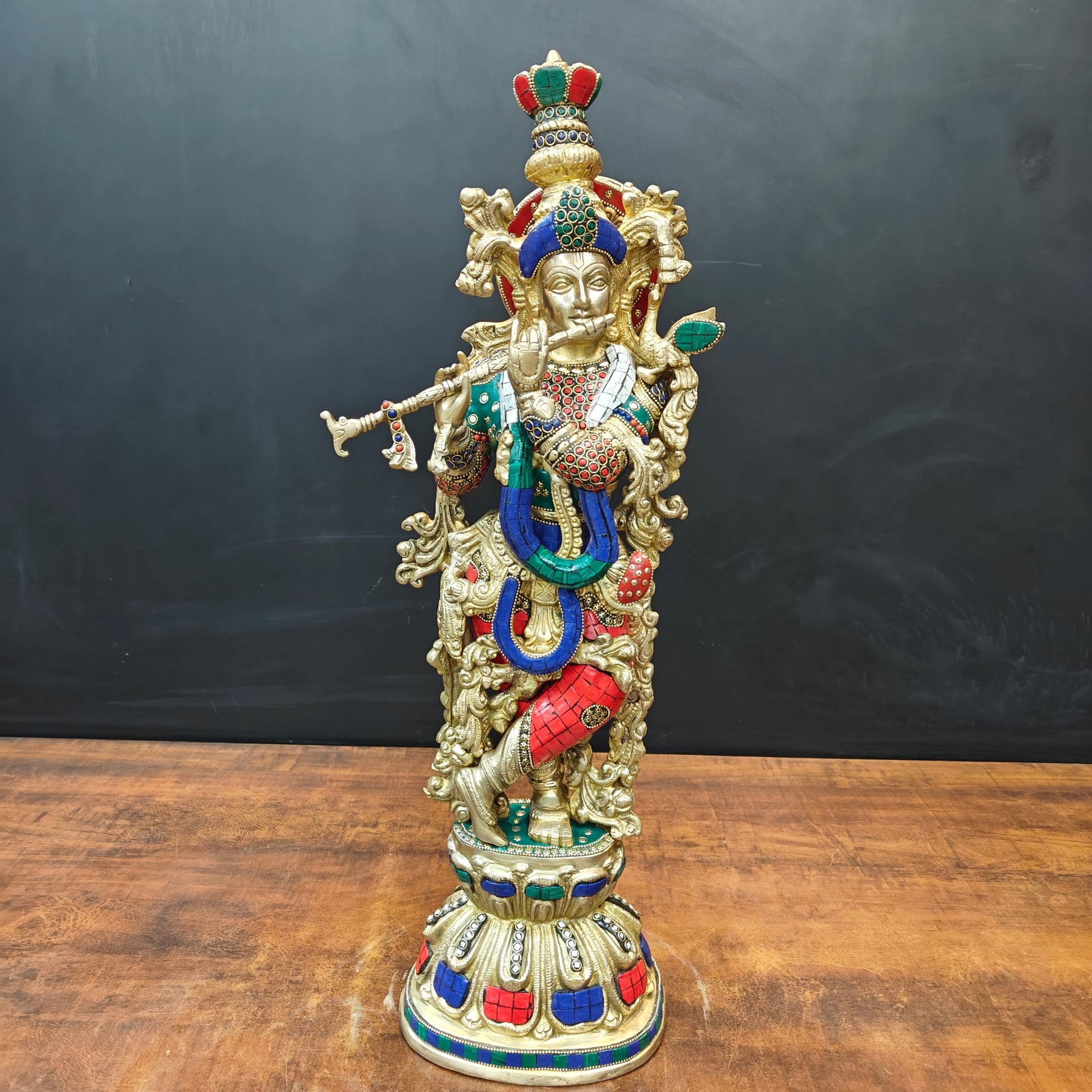 Brass Krishna Idol With Stone Work 2 Feet - Image 3