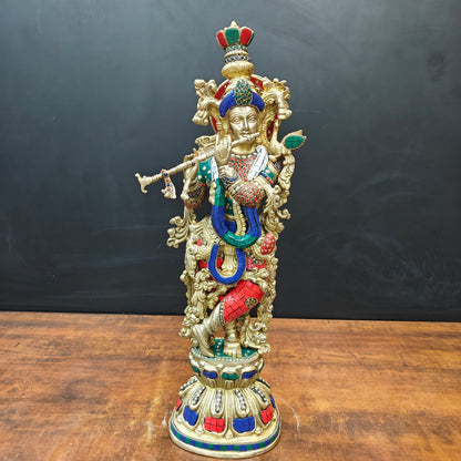 Brass Krishna Idol With Stone Work 2 Feet by vendor-unknown - Hindu Gods (View 3)