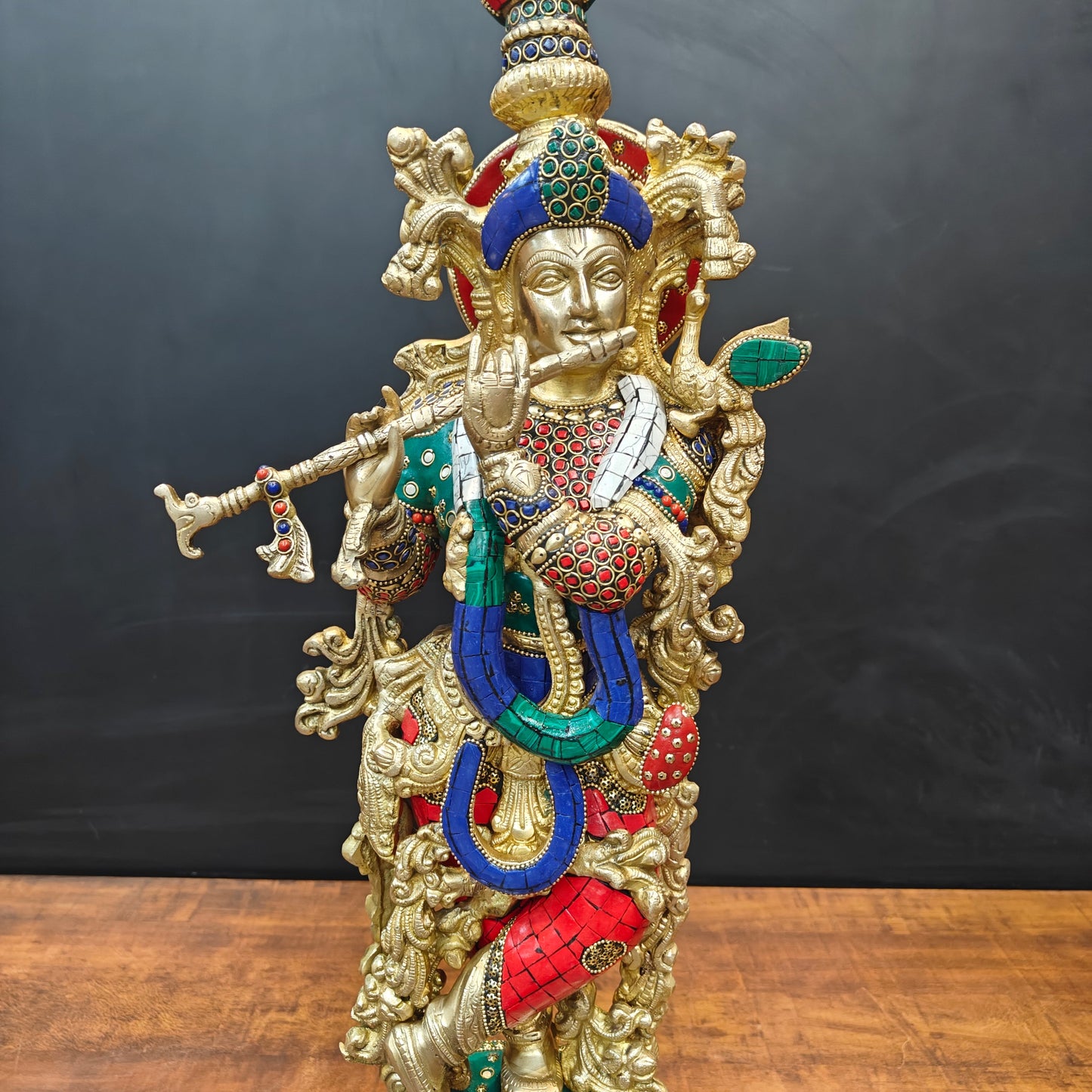 Brass Krishna Idol With Stone Work 2 Feet