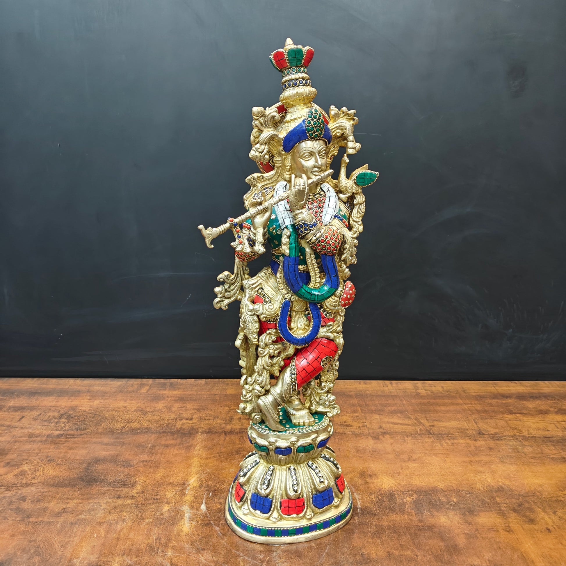Brass Krishna Idol With Stone Work 2 Feet - Image 5