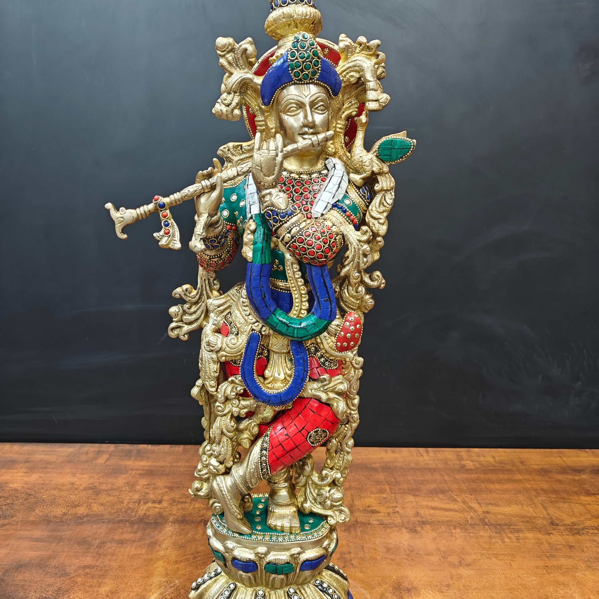 Brass Krishna Idol With Stone Work 2 Feet - Image 6
