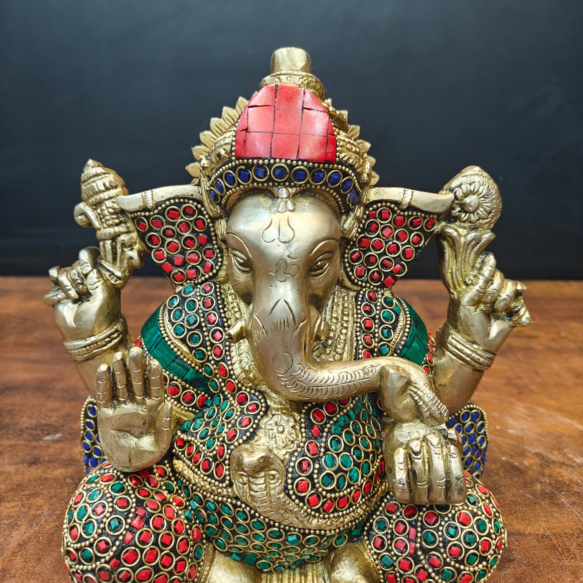 Brass Ganesha Statue With Stone Work For Home Temple Decor 8 Inch - Image 2