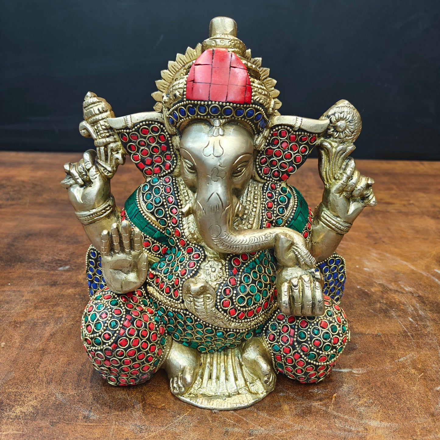 Brass Ganesha Statue With Stone Work For Home Temple Decor 8 Inch