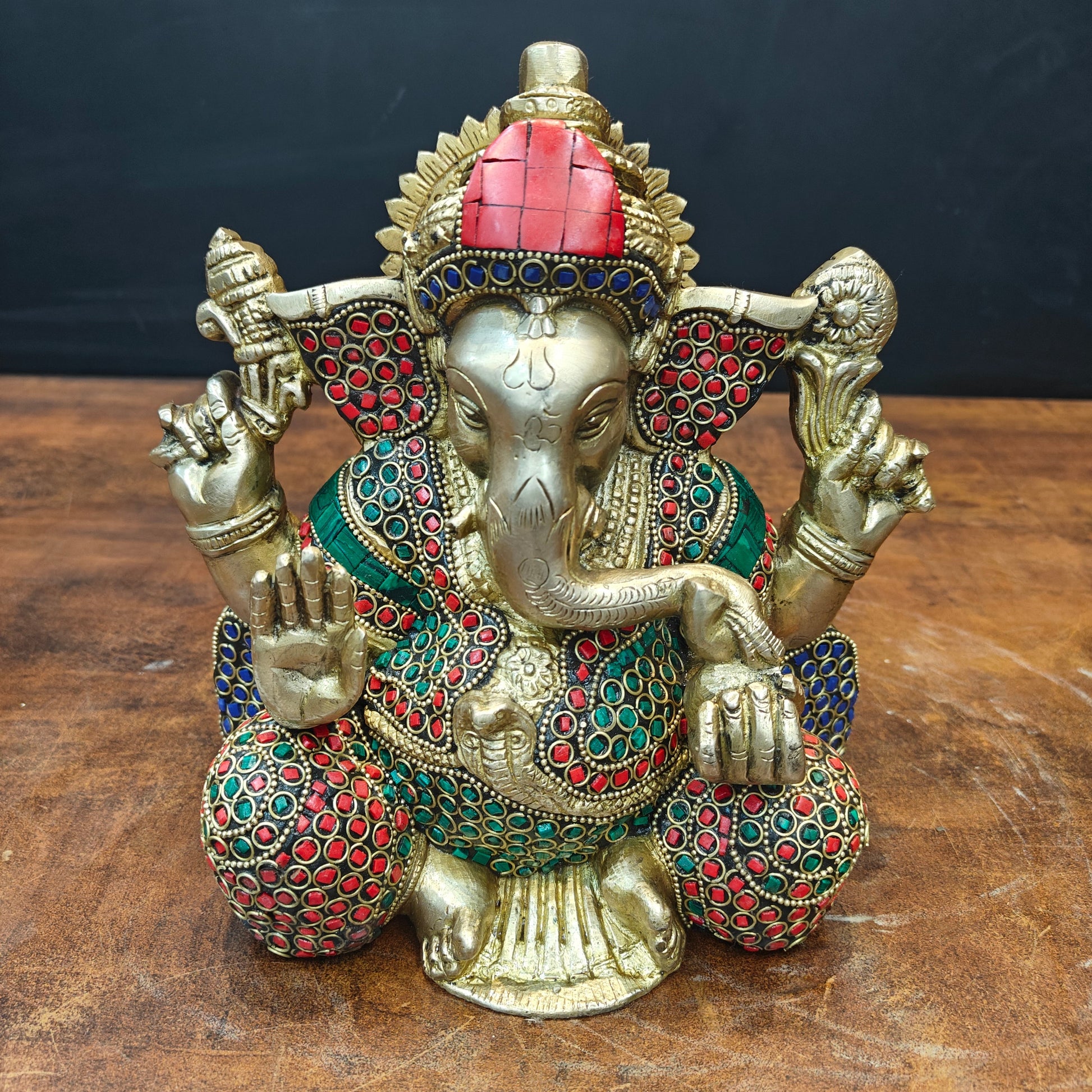 Brass Ganesha Statue With Stone Work For Home Temple Decor 8 Inch - Image 3