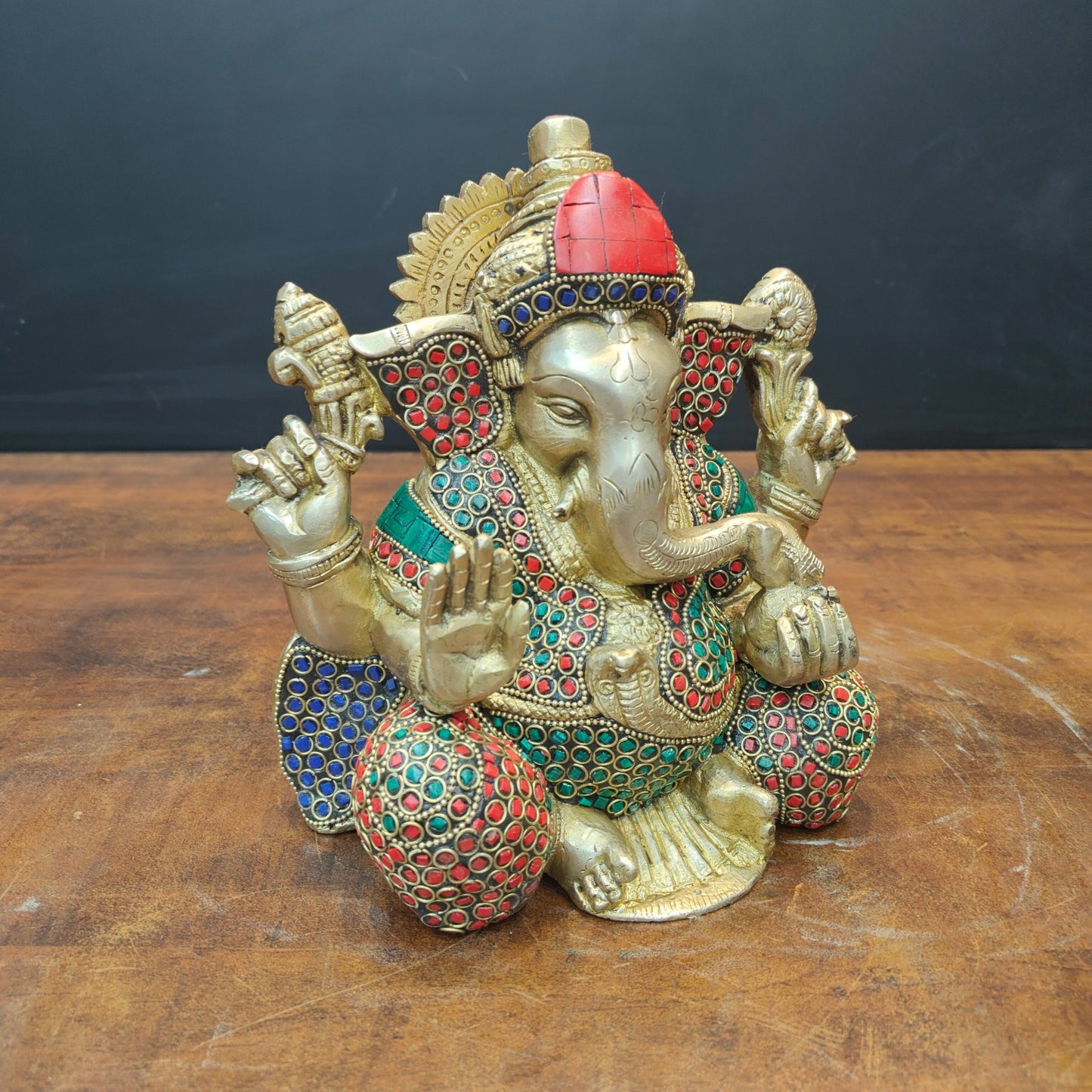 Brass Ganesha Statue With Stone Work For Home Temple Decor 8 Inch