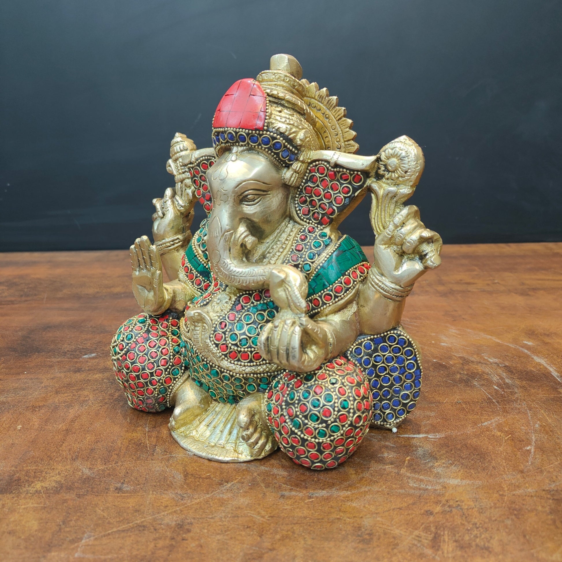 Brass Ganesha Statue With Stone Work For Home Temple Decor 8 Inch - Image 5