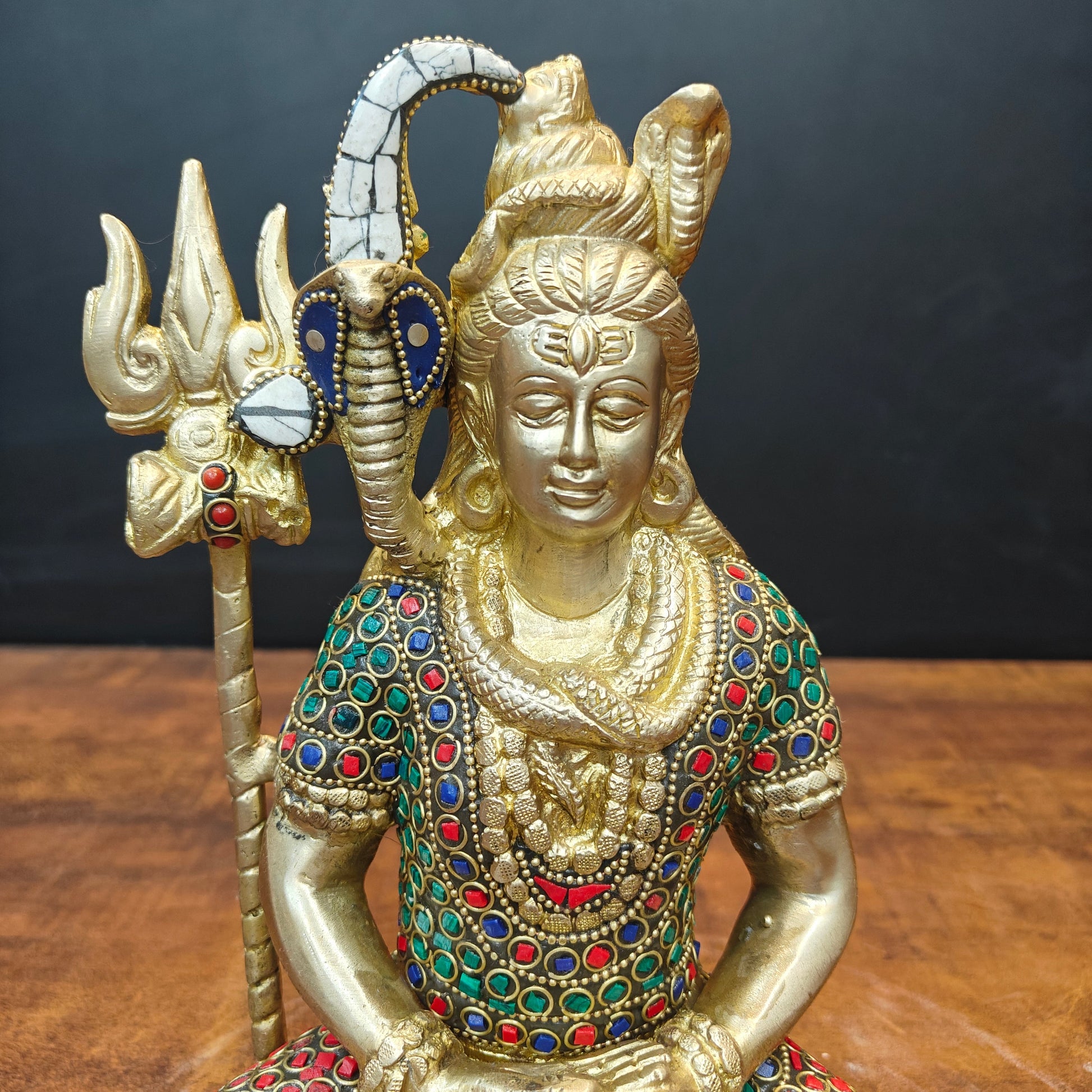 Brass Meditation Lord Shiva Statue With Stone Work 10 Inch - Image 2