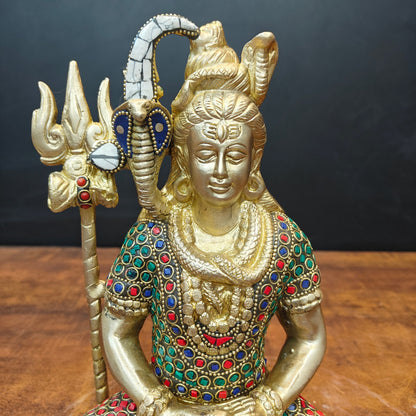 Brass Meditation Lord Shiva Statue With Stone Work 10 Inch by vendor-unknown - Hindu Gods (View 2)