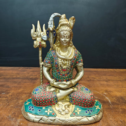 Brass Meditation Lord Shiva Statue With Stone Work 10 Inch by vendor-unknown - Hindu Gods (View 3)