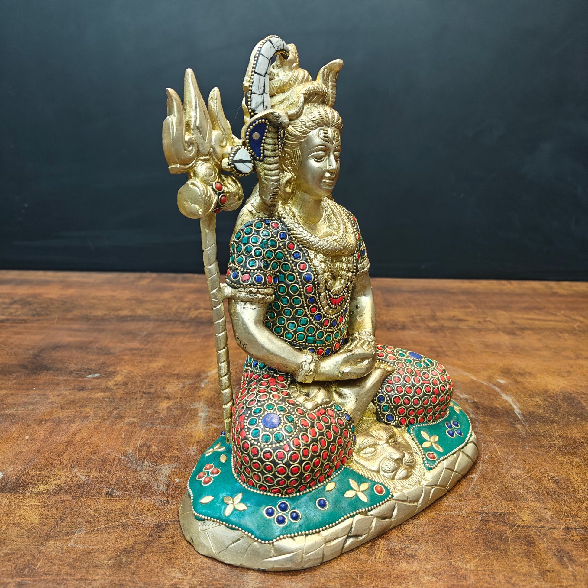 Brass Meditation Lord Shiva Statue With Stone Work 10 Inch - Image 4