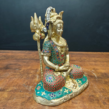 Brass Meditation Lord Shiva Statue With Stone Work 10 Inch by vendor-unknown - Hindu Gods (View 4)