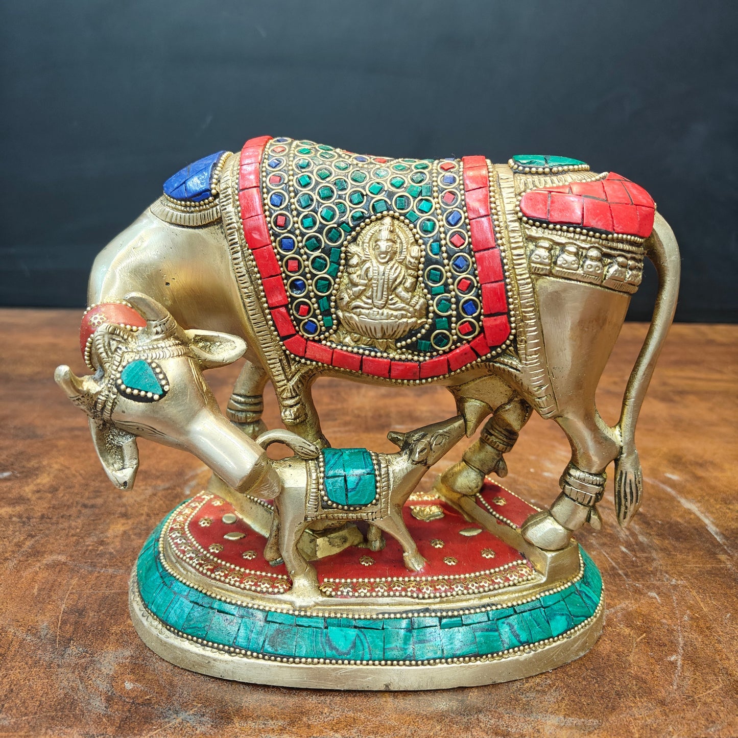 Brass Cow With Calf Statue Lakshmi Ganesh Engraved Stone Work 7 Inch