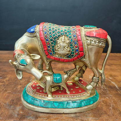 Brass Cow With Calf Statue Lakshmi Ganesh Engraved Stone Work 7 Inch by vendor-unknown - Spiritual (View 3)