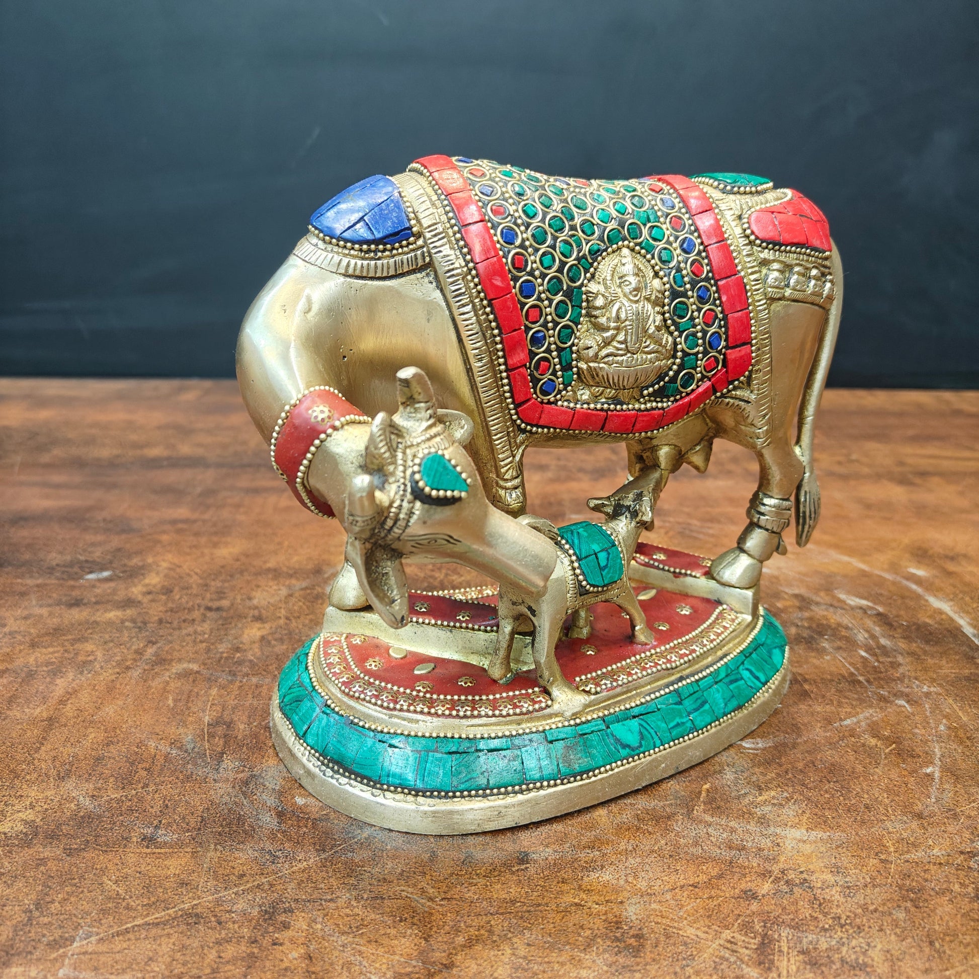 Brass Cow With Calf Statue Lakshmi Ganesh Engraved Stone Work 7 Inch - Image 4