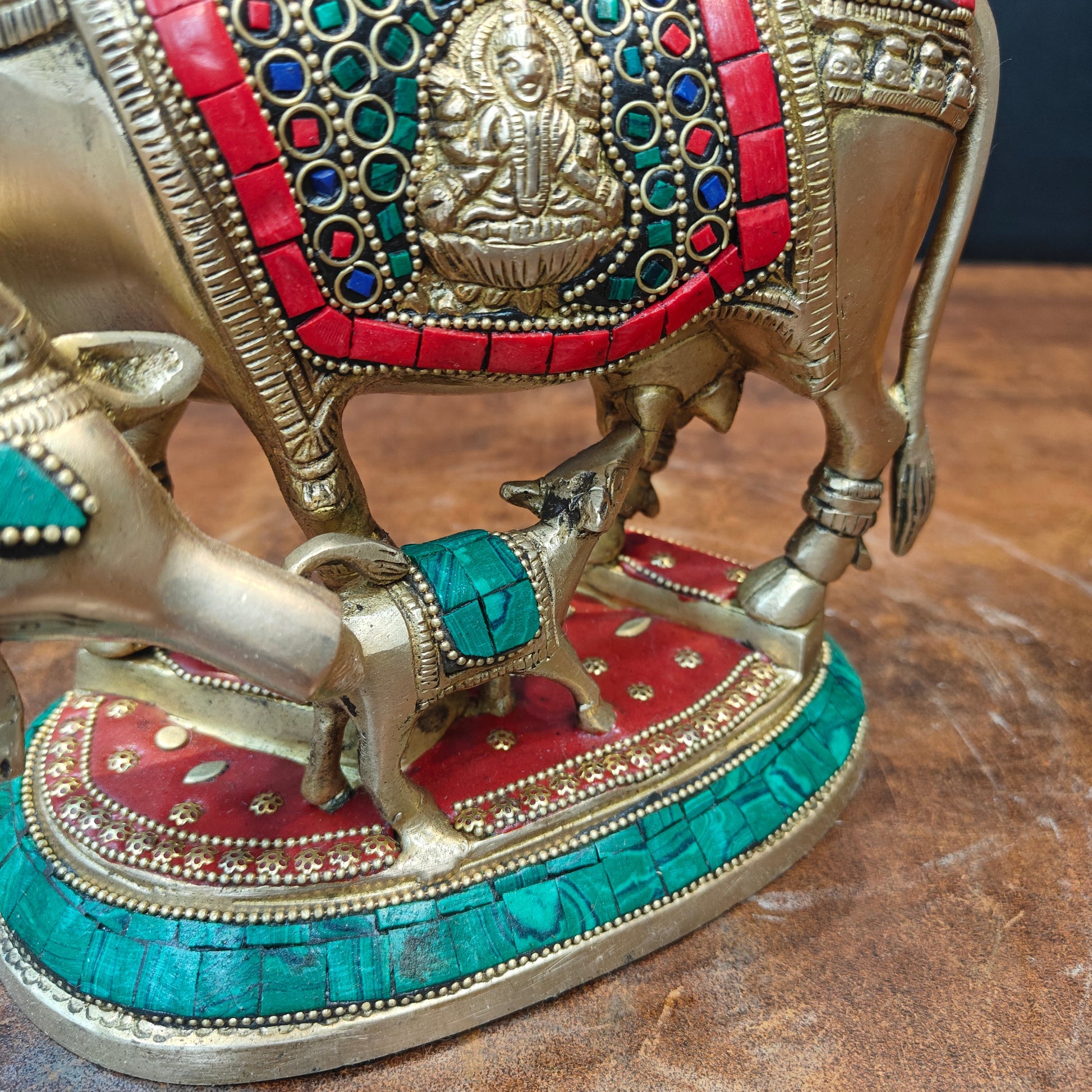 Brass Cow With Calf Statue Lakshmi Ganesh Engraved Stone Work 7 Inch - Image 2