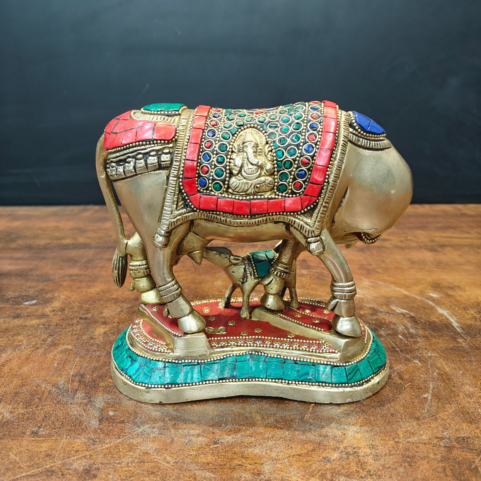 Brass Cow With Calf Statue Lakshmi Ganesh Engraved Stone Work 7 Inch - Image 5