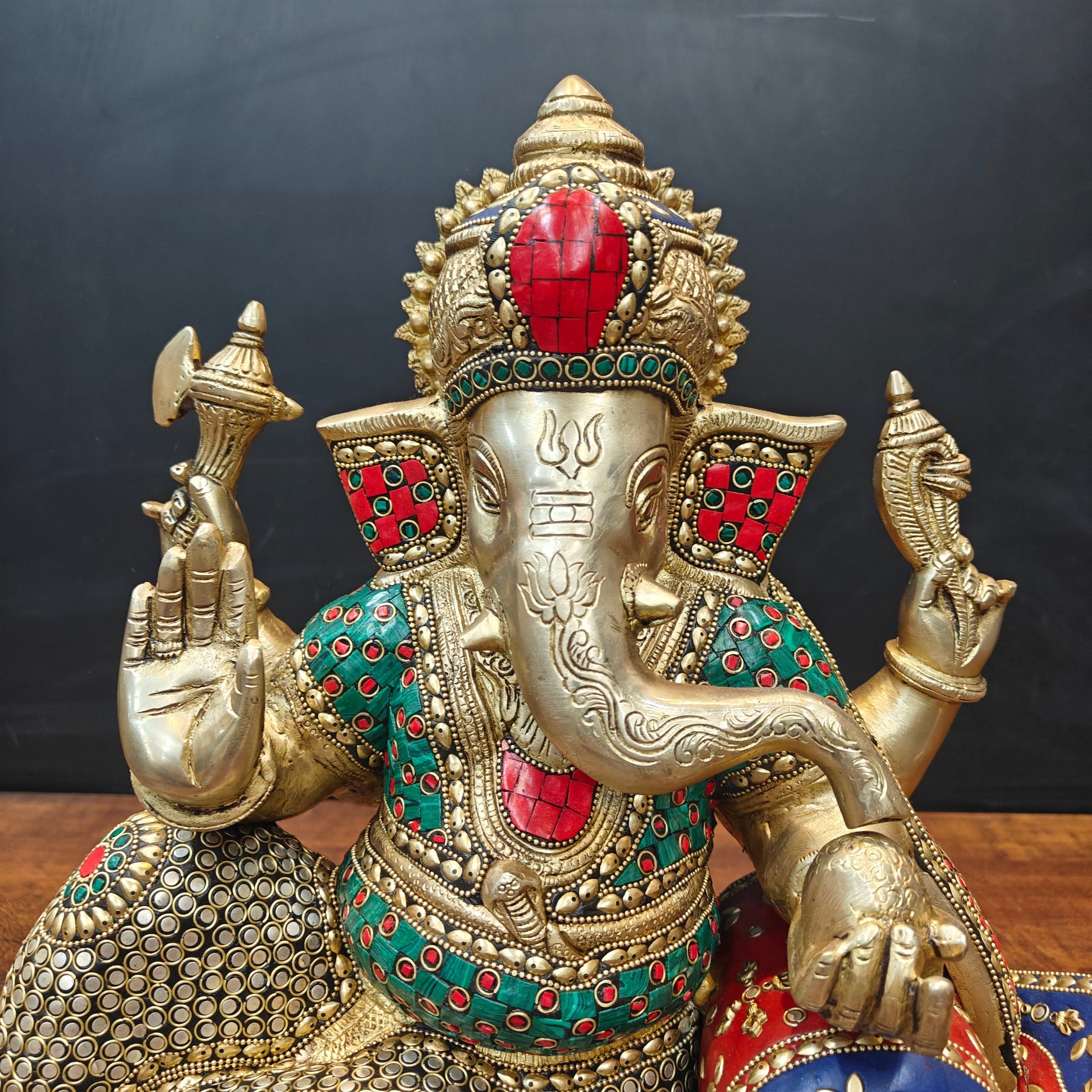 Brass Ganesha Resting On Couch With Ghungroo Stone Work 16 Inch - Image 2