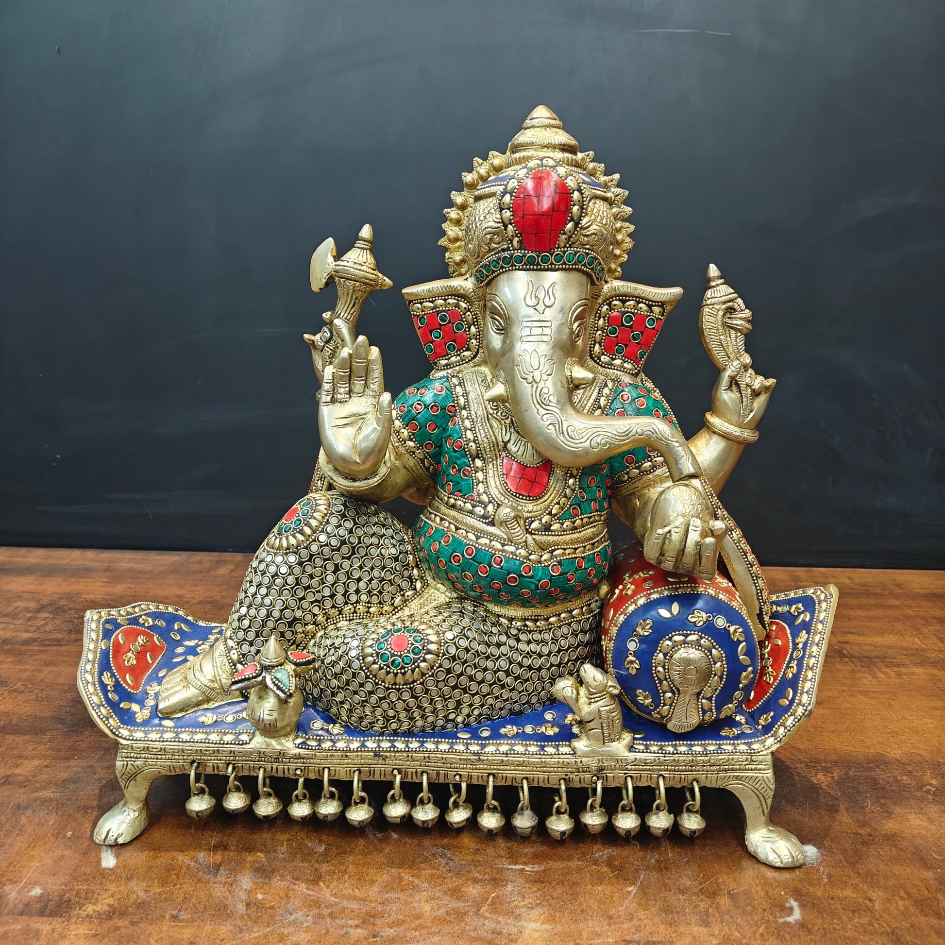 Brass Ganesha Resting On Couch With Ghungroo Stone Work 16 Inch - Image 3