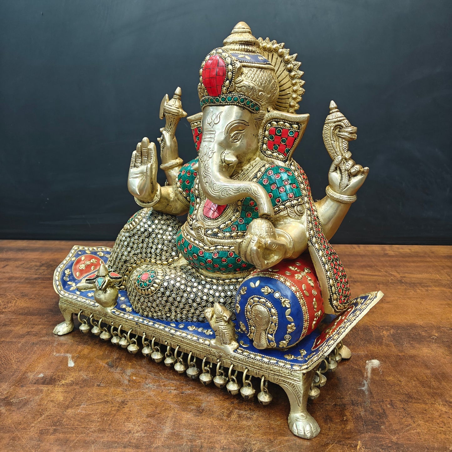 Brass Ganesha Resting On Couch With Ghungroo Stone Work 16 Inch