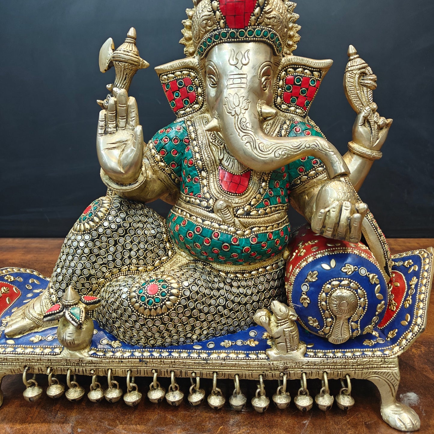 Brass Ganesha Resting On Couch With Ghungroo Stone Work 16 Inch