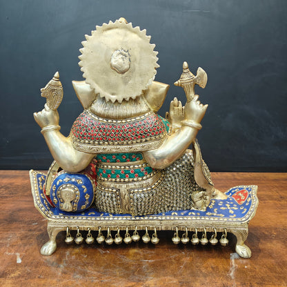 Brass Ganesha Resting On Couch With Ghungroo Stone Work 16 Inch by vendor-unknown - Hindu Gods (View 6)