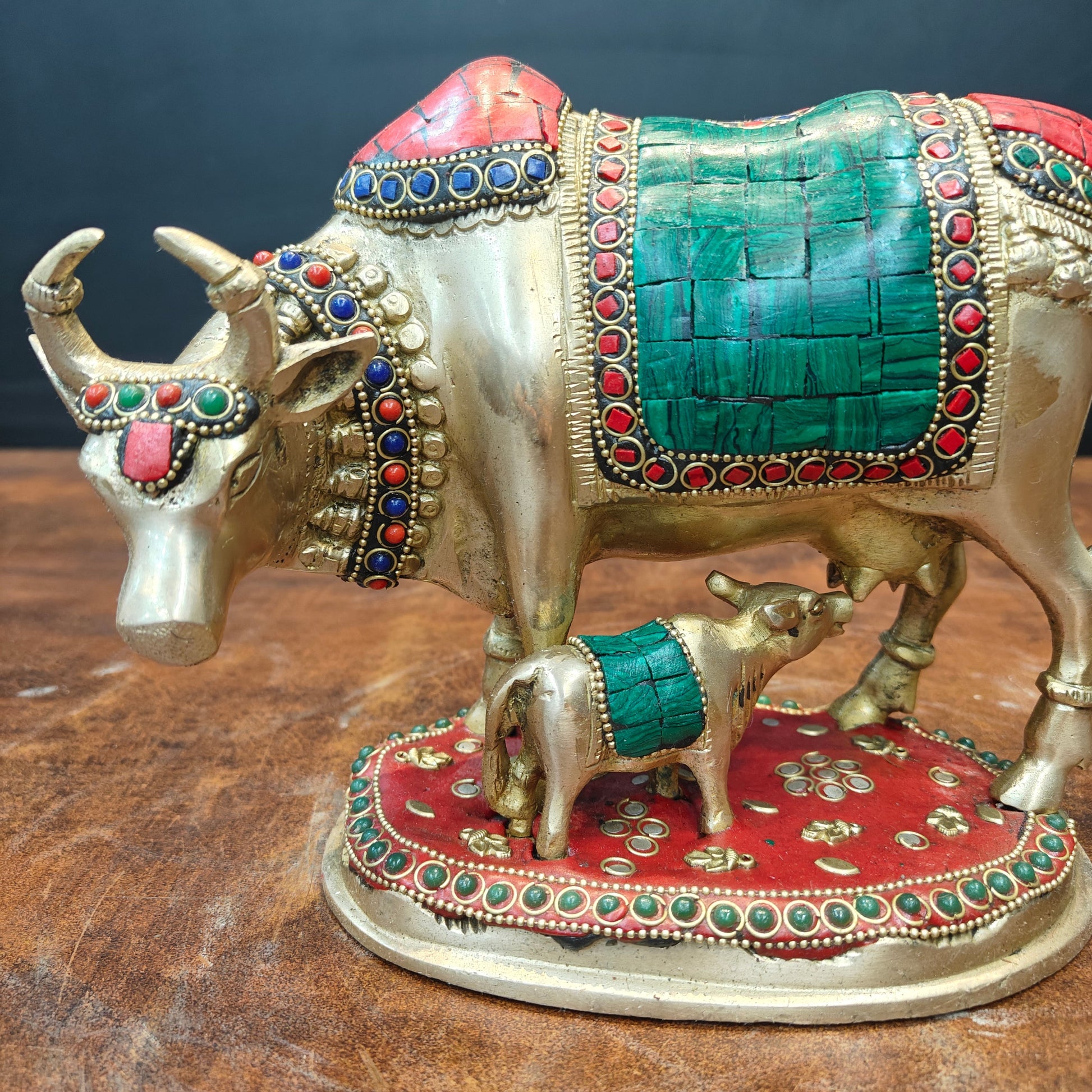 Brass Cow With Calf Idol Stone Work For Home Decor 7 Inch - Image 2