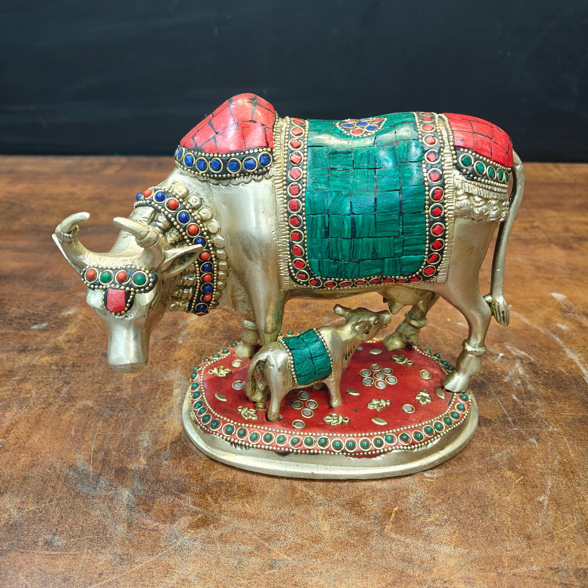 Brass Cow With Calf Idol Stone Work For Home Decor 7 Inch - Image 3