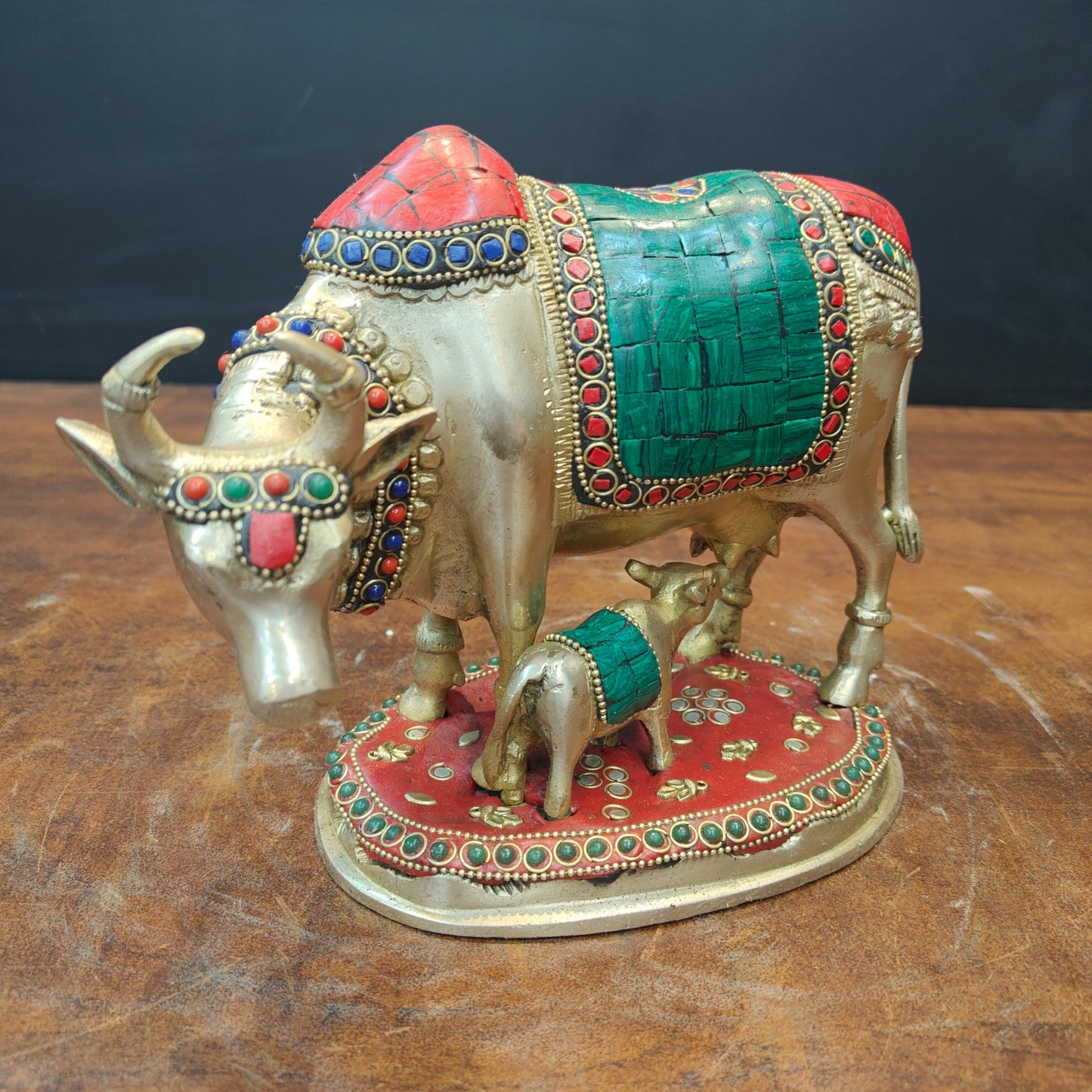 Brass Cow With Calf Idol Stone Work For Home Decor 7 Inch