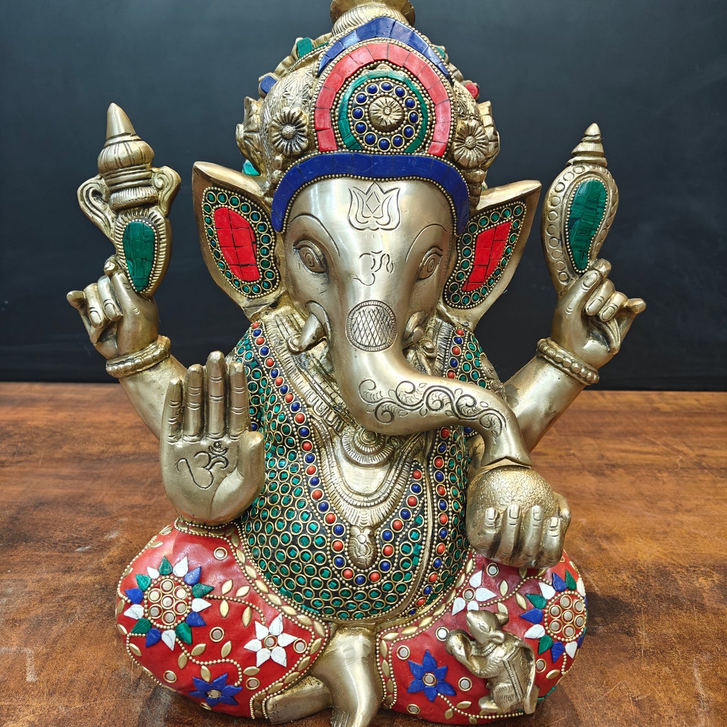 Brass Ganesha Idol Mosaic Stone Work For Home Decor 14 Inch